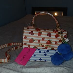 Betsey Johnson Striped Mini Bag with Blue Pom-Poms BRAND NEW